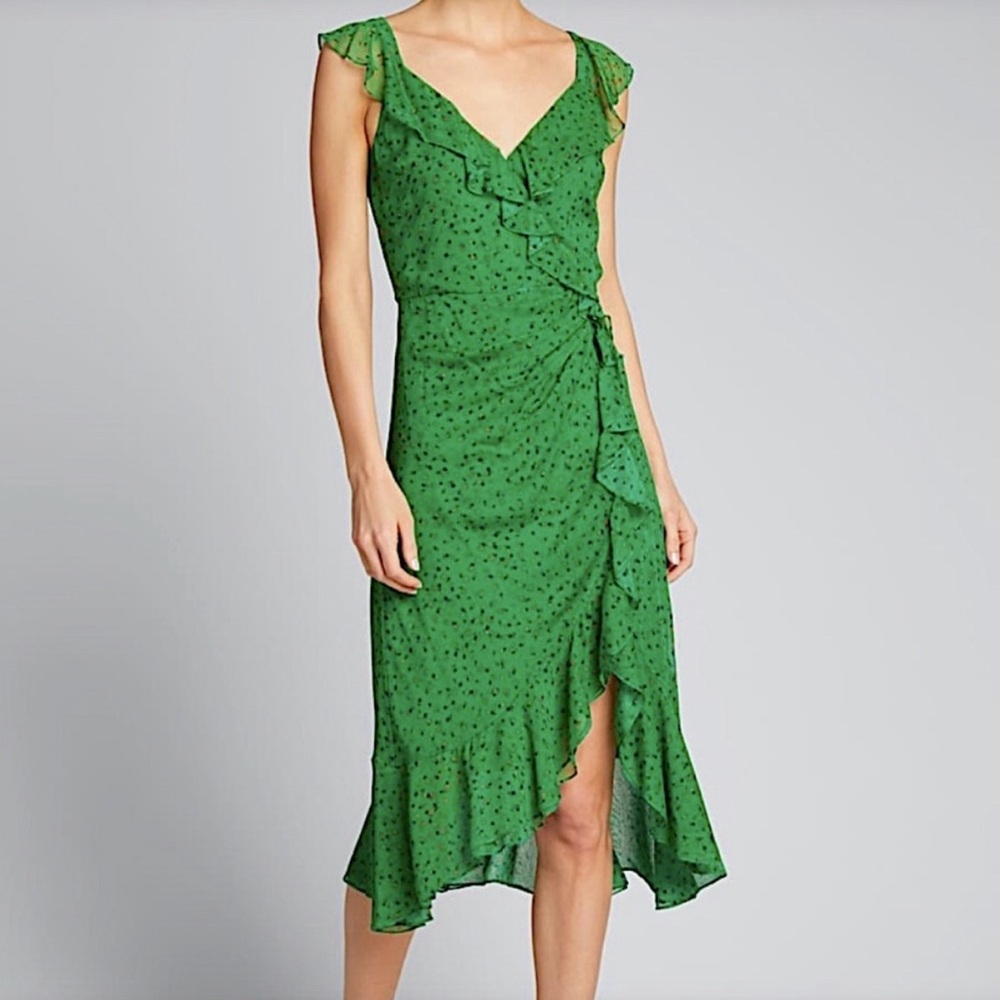 NWT Veronica Beard Amal Silk Ruffle Asymmetrical Green Multi Midi Dress Size 6